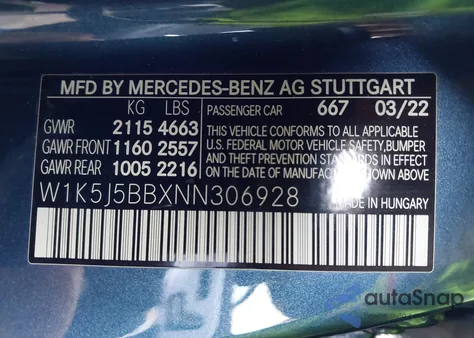 2022 Mercedes-Benz Amg Cla 35 4Matic z USA, uszkodzony, nr VIN W1K5J5BBXNN306928